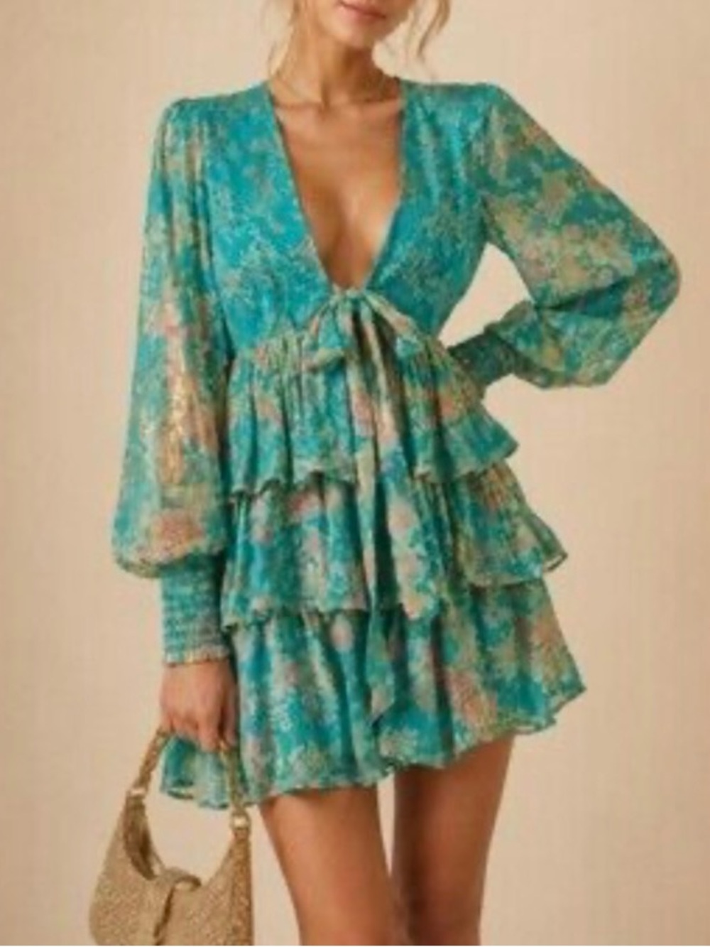 Hemant & Nandita Metallic Floral Ruffle Mini Dress XS Boho Luxury